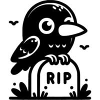 Black bird raven sitting on cemetery tombstone in monochrome. Simple minimalistic in black ink drawing on white background vector