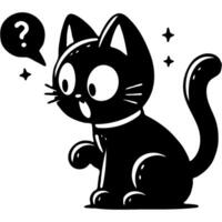 Surprised black cat looks at object in monochrome. Simple minimalistic in black ink drawing on white background vector