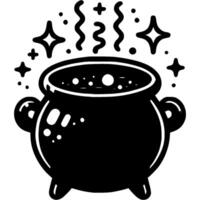 Cast iron witch cauldron with boiling witch potion in monochrome. Simple minimalistic in black ink drawing on white background vector