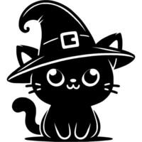 Halloween magic cat wearing dented witch hat in monochrome. Simple minimalistic in black ink drawing on white background vector