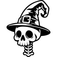 Halloween mannequin in form of human skeleton dressed in a witch headdress in monochrome. Simple minimalistic in black ink drawing on white background vector