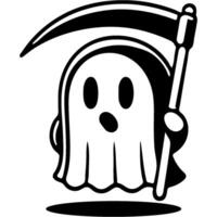 Halloween ghost with reaper scythe in hand in monochrome. Simple minimalistic in black ink drawing on white background vector