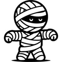 Boy dressed in Halloween mummy costume stands with arms outstretched and scares in monochrome. Simple minimalistic in black ink drawing on white background vector