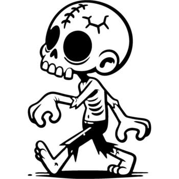 Boy in zombie costume walks with wide gait side view in monochrome. Simple minimalistic in black ink drawing on white background vector