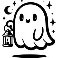 Halloween ghost flies over ground at night and holds a kerosene lamp in his hand in monochrome. Simple minimalistic in black ink drawing on white background vector