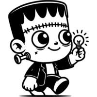 Boy dressed as zombie resurrected by mad scientist holds glowing light bulb in his hand in monochrome. Simple minimalistic in black ink drawing on white background vector