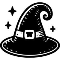 Pointed wizard hat in monochrome. Simple minimalistic in black ink drawing on white background vector