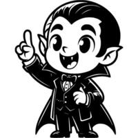 Boy dressed in Halloween vampire costume with good idea thumbs up in monochrome. Simple minimalistic in black ink drawing on white background vector