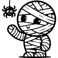 Boy dressed in Halloween mummy costume reaches out to hang spider in monochrome. Simple minimalistic in black ink drawing on white background vector