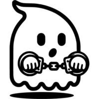 Halloween ghost with shackles chains on hands in monochrome. Simple minimalistic in black ink drawing on white background vector