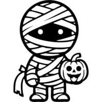Child dressed in mummy costume holding halloween pumpkin in hand in monochrome. Simple minimalistic in black ink drawing on white background vector