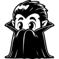 Boy dressed in Halloween vampire costume wrapped himself in cloak, uncertain and frightened in monochrome. Simple minimalistic in black ink drawing on white background vector