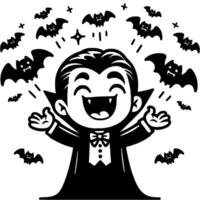 Little boy dressed in Halloween vampire costume laughing and raising his hands towards flock of flying bats in monochrome. Simple minimalistic in black ink drawing on white background vector