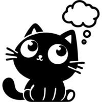 Little thoughtful black kitten sits and thinks in monochrome. Simple minimalistic in black ink drawing on white background vector
