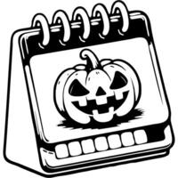 Desk calendar with drawn creepy pumpkin on October 31st page in monochrome. Simple minimalistic in black ink drawing on white background vector