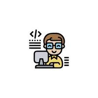 a man in glasses is working on a computer vector