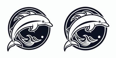 two dolphins are shown in a circle with a wave in the middle vector