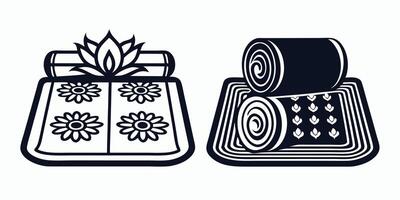 two black and white illustrations of a bed and a roll of fabric vector