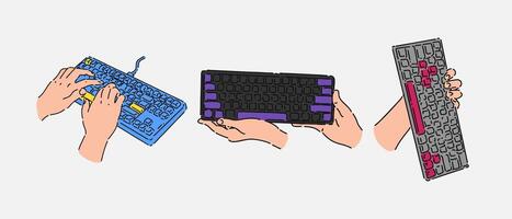 set of hand holding Keyboard in line art style with color. isolated on white background. hand drawn illustration. vector