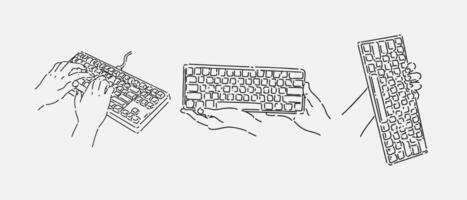 set of hand holding Keyboard in line art style. isolated on white background. hand drawn illustration. vector