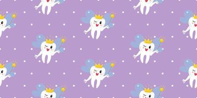 Seamless pattern with tooth fairy in shimmering crown and holding golden wand on purple polka dot background. Suitable for wallpaper, bedding, wrapping paper. vector