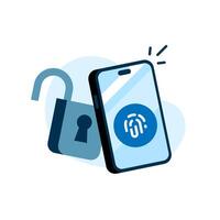 Unlock by fingerprint, enable faster biometric security on smartphone screen concept illustration flat design. simple modern graphic element for ui, infographic, icon vector