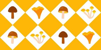 Seamless Pattern with Orange Rhombuses and Different Mushrooms, for Textile, Fabric, Wrapping Paper vector