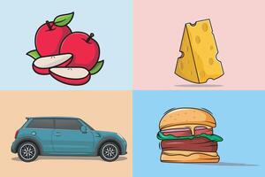 Collection of Apple With Cheese and Burger with Car illustration. vector