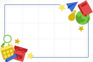 back to school poster frame decoration with icons of book, bag, pen, calendar, globe, stars. border template for greeting card, banner, photo frame. vector