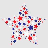 Red, white and blue stars forming a large star shape on a light grey background. Creating a bold and patriotic pattern. Flat lay design for greeting card, poster, banner and print. vector