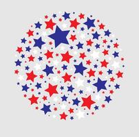 Red, white and blue stars forming a circle isolated on light grey background. Creating a bold and patriotic pattern. Flat lay design for greeting card, poster, banner and print. vector