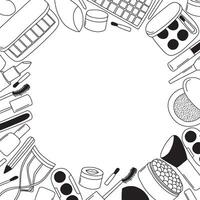 Make up doodle frame on white background. make up beauty products frame vector