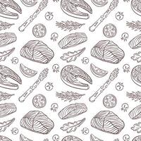 Seamless pattern with Salmon steak and ingredients in line art style. Tomato, slices of lemon, rosemary, arugula, asparagus. Red fish and vegetables design for menu, wallpaper, textile, wrapping. vector