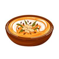 Plate with cream soup with croutons pumpkin flavored in cartoon style. Dinner menu design for autumn season. illustration isolated on a white background. vector