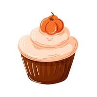 Muffin with pumpkin flavored in cartoon style. Design of sweet baked cupcake for pastry shop, bakery. illustration isolated on a white background. vector