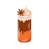 Spiced pumpkin coffee in a glass, topped with whipped cream and a star anise. Festive, autumn and cozy beverage in cartoon style. illustration isolated on a white background. vector