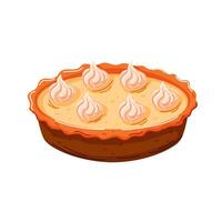 Pumpkin pie with a dollop of whipped cream on top. Cake with smooth, creamy filling and a brown crust cartoon style. illustration isolated on a white background. vector