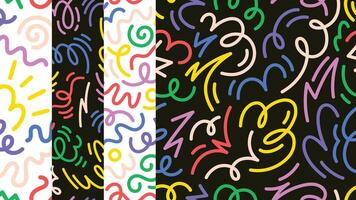 Abstract doodle seamless patterns bundle. Creative squiggle color lines. Trendy colorful background vector