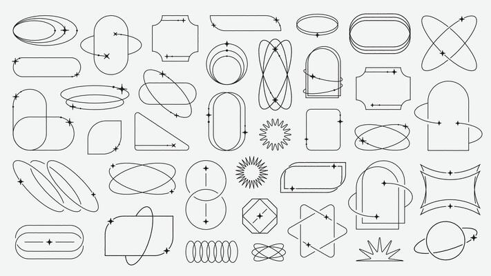 Collection of different frames with stars. Minimalistic linear frames, arches, elements, geometric shapes and lines. Aesthetic frames for poster design, set in modern style