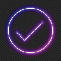 Check mark in neon style. Purple tick check mark. Retro sign with glowing neon. illustration vector