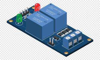 Isometric electronic board. Isometric printed circuit board with electronic components. Electronic components and integrated circuit board vector