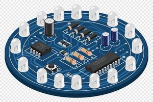 Isometric electronic board. Isometric printed circuit board with electronic components. Electronic components and integrated circuit board vector
