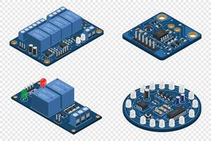 Set of isometric electronic board. Isometric printed circuit board with electronic components. Electronic components and integrated circuit board vector