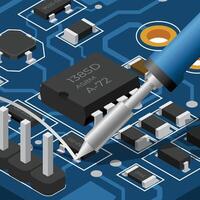 Isometric electronic board with soldering iron. Isometric printed circuit board with electronic components. Electronics repair vector