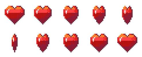 Pixel heart animation. Retro 8 bit game sprite with life bonus and red heart reflection and rotation effect. arcade game UI asset and Valentines day pixelated pictogram vector