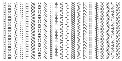 Vertical seamless stitches. Black embroidery zigzag, line and fringe border stitch patterns for textile design, sewing elements. isolated set. Sewing machine endless seam, stitching dividers vector
