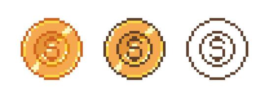 Pixel coin icon. Retro 8 bit yellow gold money, arcade game coins asset, 2D 16 bit sprite for game asset, cartoon golden pixelated dollar. color and outline icons set vector