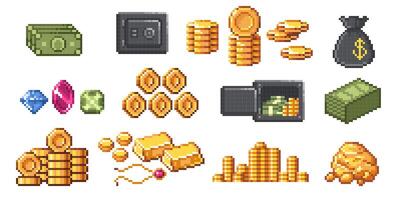 Pixel money. Retro 8 bit game currency, gold coins and banknotes, safe box and pile of gold bars, wallet. Wealth and savings, investment concept. isometric money isolated set vector