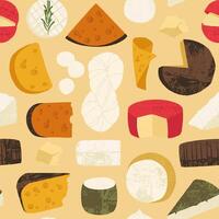 Cheese types pattern. Seamless print with various kinds of cheese, milk food for restaurant menu, cheeseboard design. texture vector