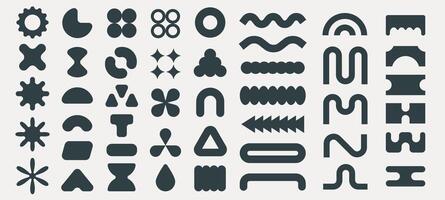 Modern geometric shapes. Minimalist abstract figures, brutalist 3D basic shapes and lines, minimal modern simple forms. collection. Bauhaus and y2k poster style trendy primitive figures vector